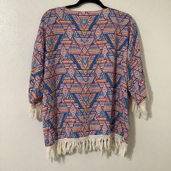 Kori Colorful Geometric Boho Hippie Festival Fringe Open Cardigan Kimono M/L - Picture 6 of 8